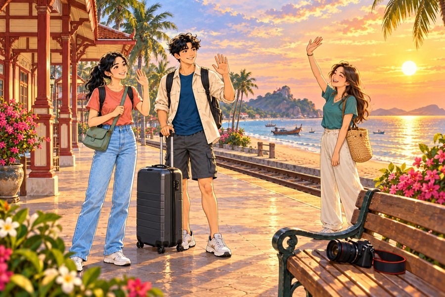Dao and Din wave goodbye to a friend by the sea in Hua Hin.